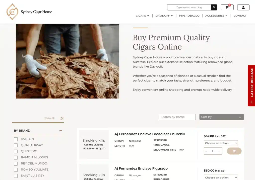 A person handles dried tobacco leaves; the website, crafted by a WooCommerce Developer Sydney, displays premium cigars for sale online, brand options, product details, and prices in Australian dollars.